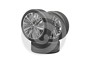 3D illustration set wheels for car on white background no shadow