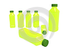 3D Illustration Seven Green Beverage Bottles - White Background
