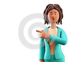 3D illustration of shocked african american woman with open mouth pointing finger at blank placard.