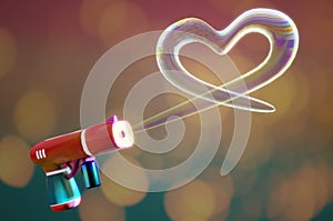 3d illustration. Shooting heart Bubbles shape from Bubble  Gun