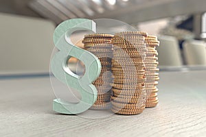 3d illustration showing coins and a paragraph