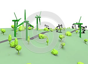 3d illustration of simple oil derricks with wind generators.