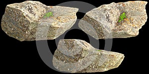 3d illustration of single rocks isolated on black background