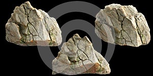 3d illustration of single rocks isolated on black background