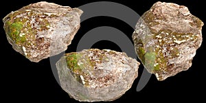 3d illustration of single rocks isolated on black background