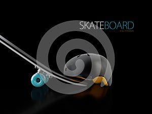 3d Illustration of Skateboard deck with helmet on white background