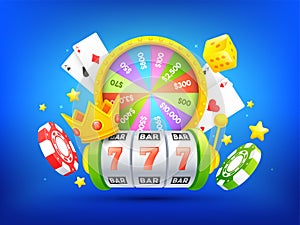 3D illustration of slot machine, roulette wheel, playing cards and casino chips on blue background.