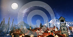 3d illustration of small mountain village with full moon