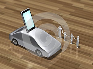 3D illustration of a smart phone integrated with a car.