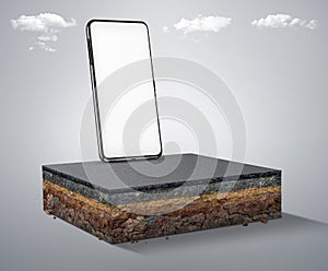 3D illustration of smartphone on a cubical soil land geology cross section isolated with asphalt road and clouds