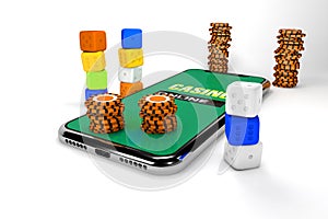 3d Illustration. Smartphone with dices and chips . Online casino concept. Isolated white background