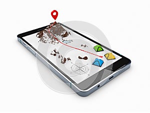 3d illustration of smartphone with mobile navigation app on screen. Route map with symbols.
