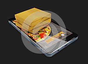 3d illustration of Smartphone with pizza on the screen and box of pizza. Order fast food concept.