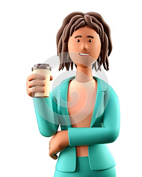 3D illustration of smiling african american woman holding paper coffee cup. Close up portrait of cute cartoon standing woman