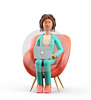 3D illustration of smiling african american woman with laptop sitting in armchair. Cute cartoon elegant businesswoman working in