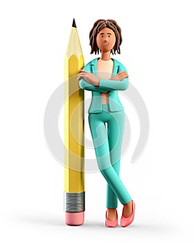 3D illustration of smiling african american woman leaning against the big pencil.