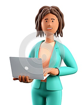 3D illustration of smiling african american woman using laptop. Close up portrait of cartoon working businesswoman