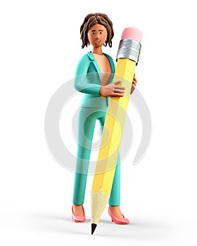 3D illustration of smiling african american woman writing with a big pencil.