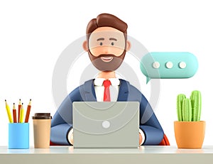 3D illustration of smiling bearded man with laptop in office, working at the desk with coffee cup, cactus. Cute businessman