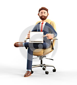 3D illustration of smiling businessman pointing finger at blank screen laptop computer. Cartoon man working in office