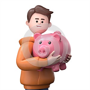 3D Illustration of smiling businessman Qadir Embrace huge and oversized pink piggybank.