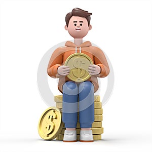 3D Illustration of smiling businessman Qadir holding a gold coin. Earning money, increasing capital,