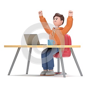 3D Illustration of smiling businessman Qadir with laptop sitting in a chair and throwing his hands up in the air