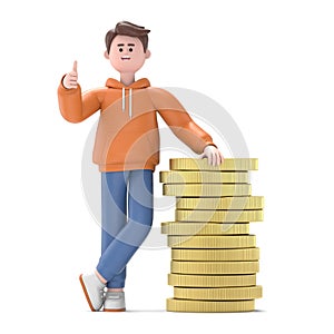 3D Illustration of smiling businessman Qadir leaning on a huge stack of gold coins. Cartoon standing businessman