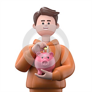 3D Illustration of smiling businessman Qadir putting coin into huge and oversized pink piggybank.