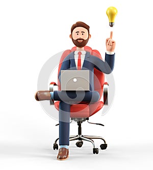 3D illustration of smiling businessman in suit with laptop and bulb over head, sitting in armchair. Cartoon bearded man working