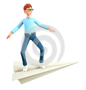 3D illustration of smiling creative man flying on a huge paper airplane. Cute cartoon businessman reaching goals