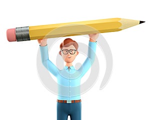 3D illustration of smiling creative man holding big pencil over his head in the air.