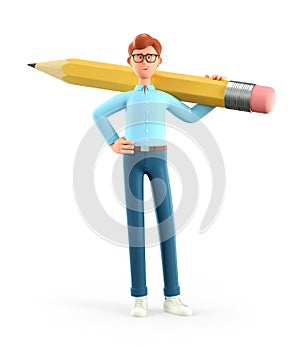 3D illustration of smiling creative man holding big pencil on shoulder and generating ideas. Cartoon standing businessman