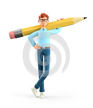 3D illustration of smiling creative man holding big pencil on shoulder and generating ideas. Cartoon standing businessman