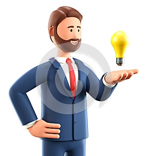 3D illustration of smiling creative man looking at the bulb over hand. Cute cartoon bearded businessman generating ideas