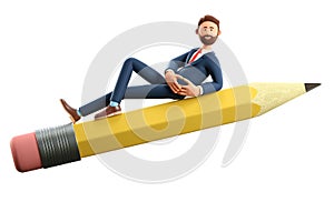 3D illustration of smiling creative man lying on a big pencil and flying in the air. Cartoon bearded businessman