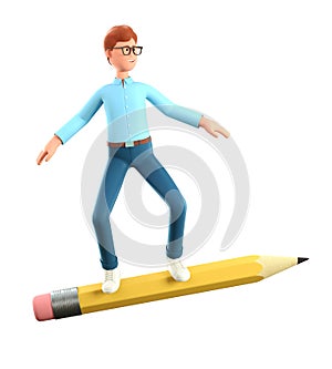 3D illustration of smiling creative man standing on big pencil like skateboarder and flying in air.