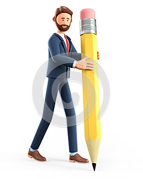 3D illustration of smiling creative man writing with a big pencil. Cute cartoon bearded businessman drawing with a giant pen.