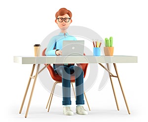 3D illustration of smiling cute man working at the desk in modern office. Cartoon happy businessman or freelancer using laptop