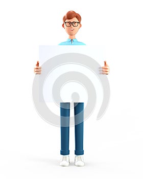 3D illustration of smiling happy businessman holding white blank board. Portrait of cartoon standing man showing banner