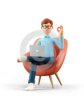 3D illustration of smiling happy man with laptop sitting in armchair and showing ok gesture. Cartoon businessman with okay sign