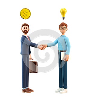 3D illustration of smiling man with bulb over head and businessman with coin over head.