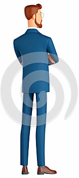 3D illustration of a smiling man. Cartoon back view of a smiling businessman