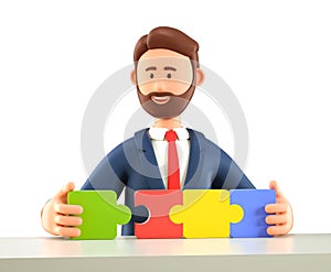 3D illustration of smiling man connecting puzzle elements. Cute cartoon bearded businessman solving tasks and reaching goals.