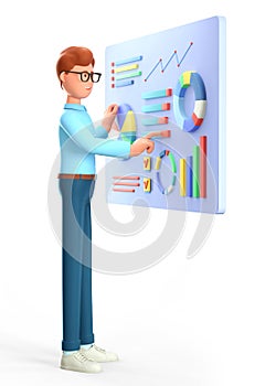 3D illustration of smiling man creating a dashboard and interacting with graphs. Businessman, successful investor with charts