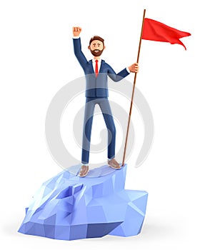 3D illustration of smiling man hoisting a red flag on the top mountain. Cute cartoon happy businessman throwing his hand up