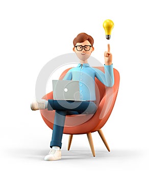 3D illustration of smiling man with laptop and bulb over head, sitting in armchair. Cartoon businessman creating new good ideas