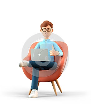 3D illustration of smiling man with laptop sitting in armchair and showing gesture cool. Cartoon businessman with thumb up sign