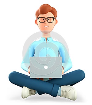 3D illustration of smiling man with laptop sitting on the floor in yoga lotus position. Cartoon businessman, freelancer