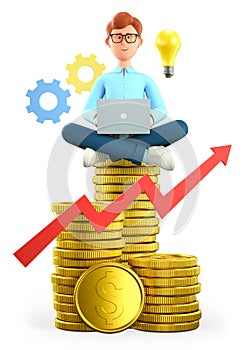 3D illustration of smiling man with laptop sitting on the huge stack of gold coins. Businessman, successful investor